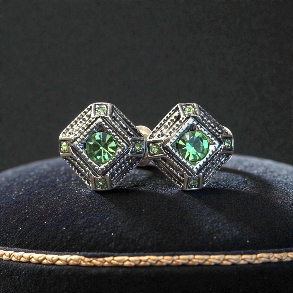 Elegant Green and Silver Stud Clip on Earrings